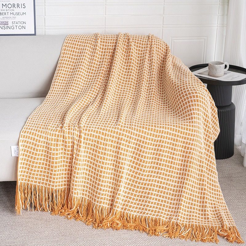 Four Seasons Waffle Tassel Knitted Blanket Modern Simple Bed End Blanket Air-conditioning Blanket Nap Blanket Sofa Blanket Wholesale