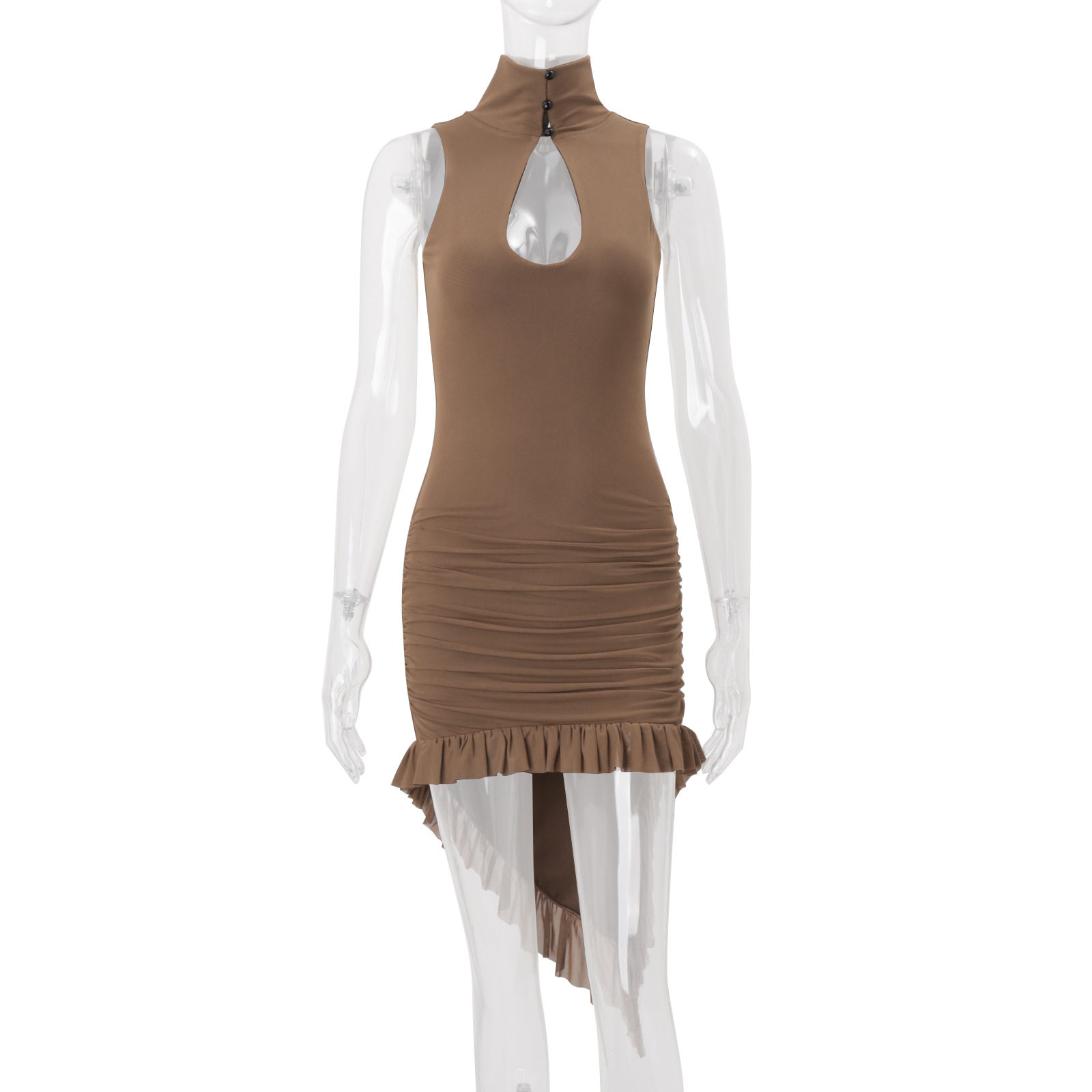 Sleeveless High Neck Bodycon Dress Ruched Design Waist Cinching Mid Length Summer Fashion for Women Wholesale