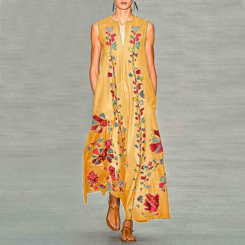 Fashionable Deep V Neck Printed Maxi Dress Sleeveless Trendy Design Comfortable Fabric Perfect for Summer Events