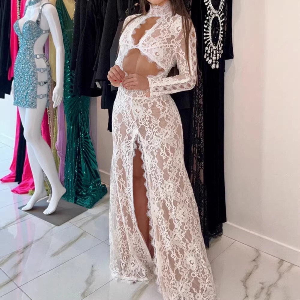 Lace Evening Dress Sexy Hollow Design High Neck High Slit Elegant for Red Carpet Events Wholesale Available