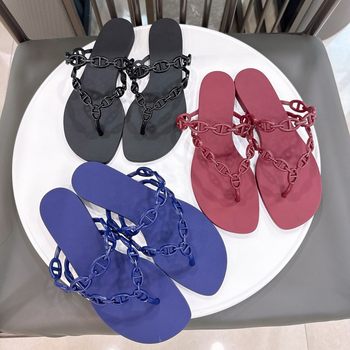2024 Pig Nose H Chain Flat Bottom Casual Blue Pvc Flip-Flops Beach Jelly Women's Shoes Unlabeled