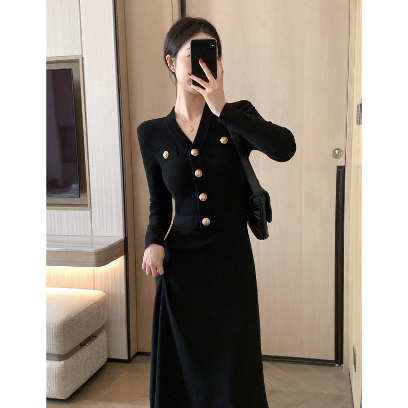 7714 Tweed Style Fashionable and Simple Knitted Suit Autumn New French Waist Slimming Look Elegant Long Skirt Two-Piece Set