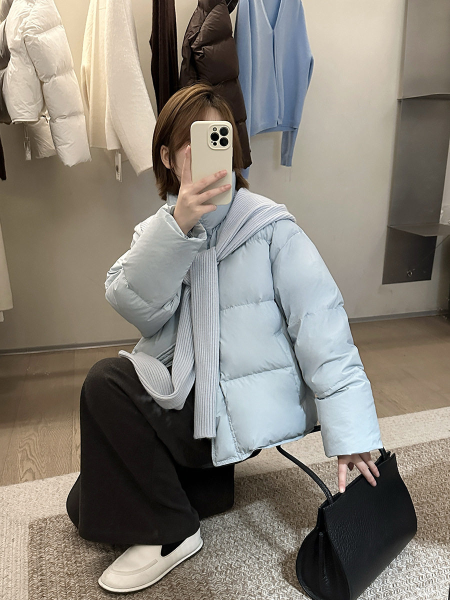 Mmc Puff down Jacket Women's Winter 2025 New 90 White Duck down Korean Style Short Bread Jacket with Shawl Scarf