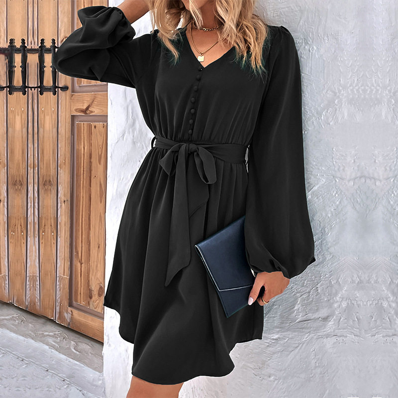 Womens Long Sleeve Solid Color Dress Elegant Design Versatile for Spring and Autumn Wholesale Availability