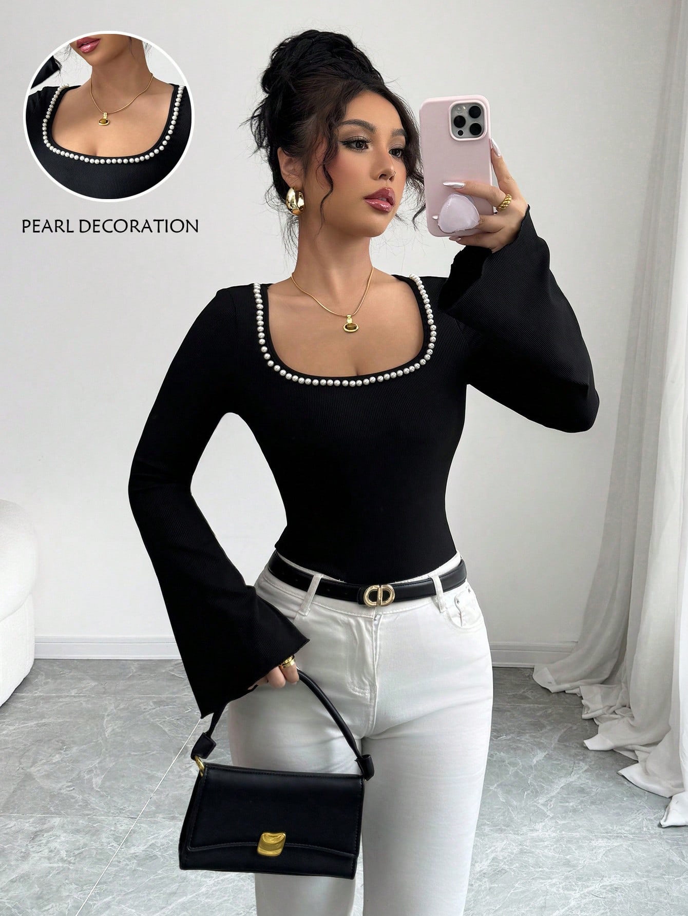 Black Square Neck T Shirt for Women Pearl Decor Flared Sleeves Slim Fit Long Sleeve Casual Wear Wholesale