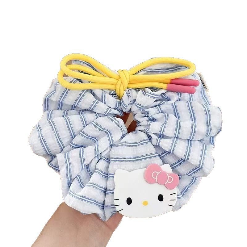 Korean Kt Cat Bow Scrunchie Hair Tie Refreshing Blue Striped Large Hair Ring Bun Hair Band