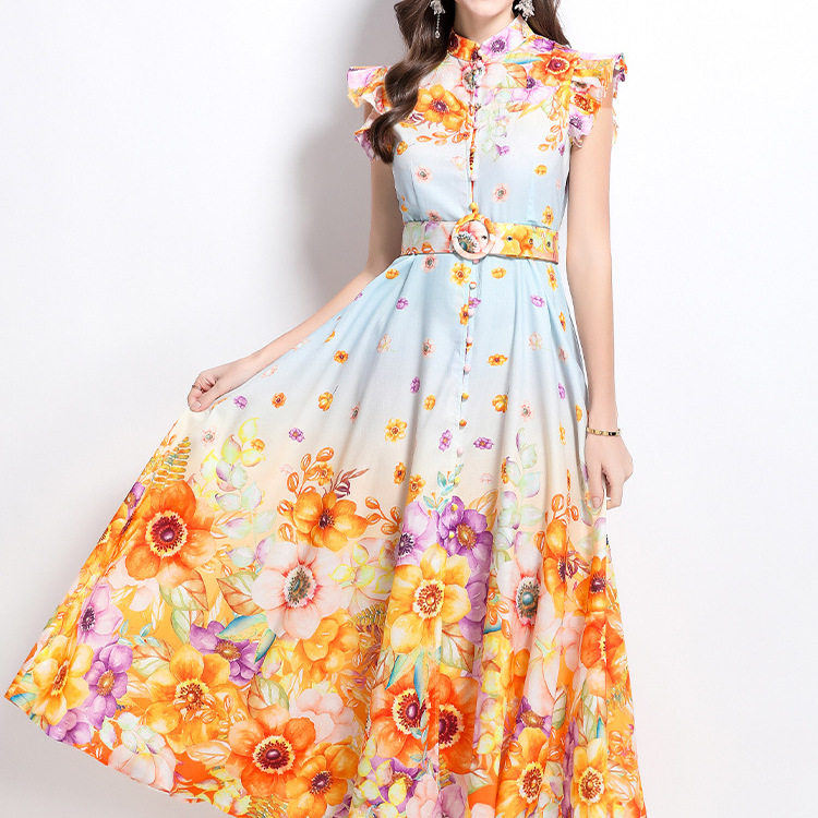 Elegant Floral Print A Line Dress Short Sleeve Stand Collar Waist Tie Flowy Skirt Perfect for Resort Wear