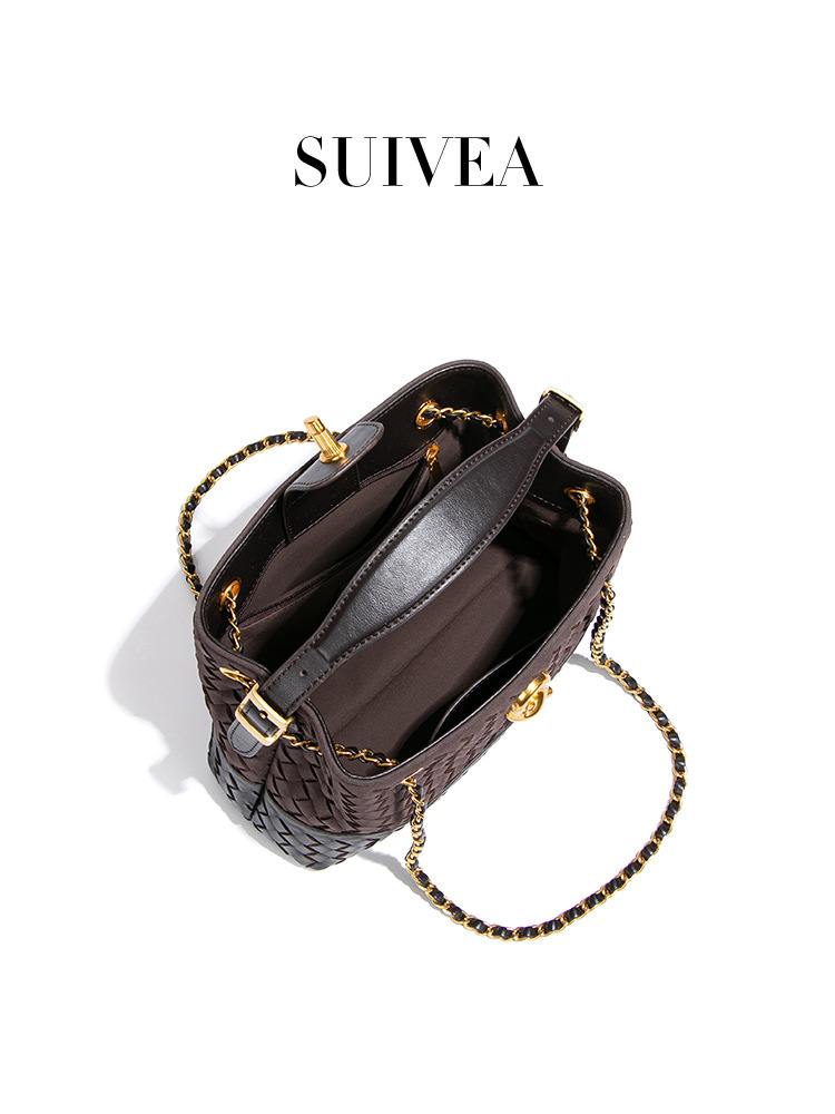 Túi bucket nữ đan phối dây đeo chéo, túi tote xách tay dáng xô phong cách retro — Nhà máy riêng, có thể tùy chỉnh theo yêu cầu., Y2821 # Đỏ rượu/Đen, Y2821 # Sô cô la, Y2821 # Xám ấm/Đen