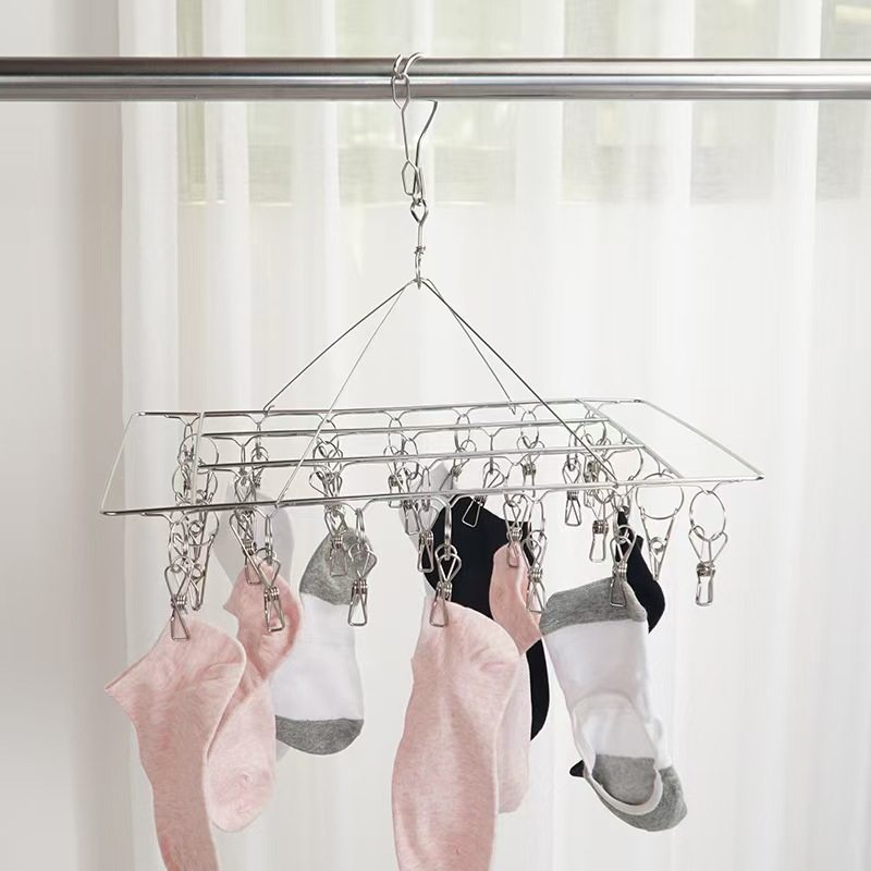 Stainless Steel Clothes Drying Rack with Multiple Clips for Drying Socks, Multifunctional Square Solid Storage Rack for Home Use