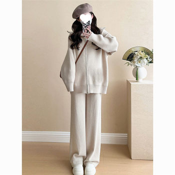 Plus Size Maternity Double Zipper Sweater Suit for Women Autumn and Winter Korean Style Loose Lazy Style Knitted Wide Leg Pants Two-Piece Set