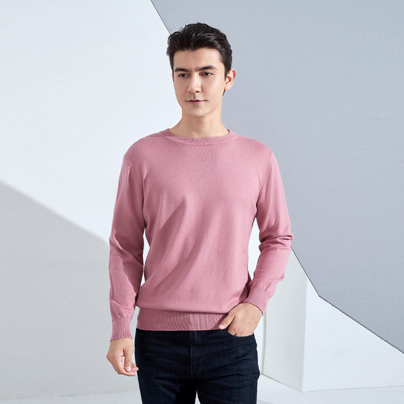 秋冬男士圆领宽松加厚套头针织衫纯色长袖短款商务打底保暖毛衣