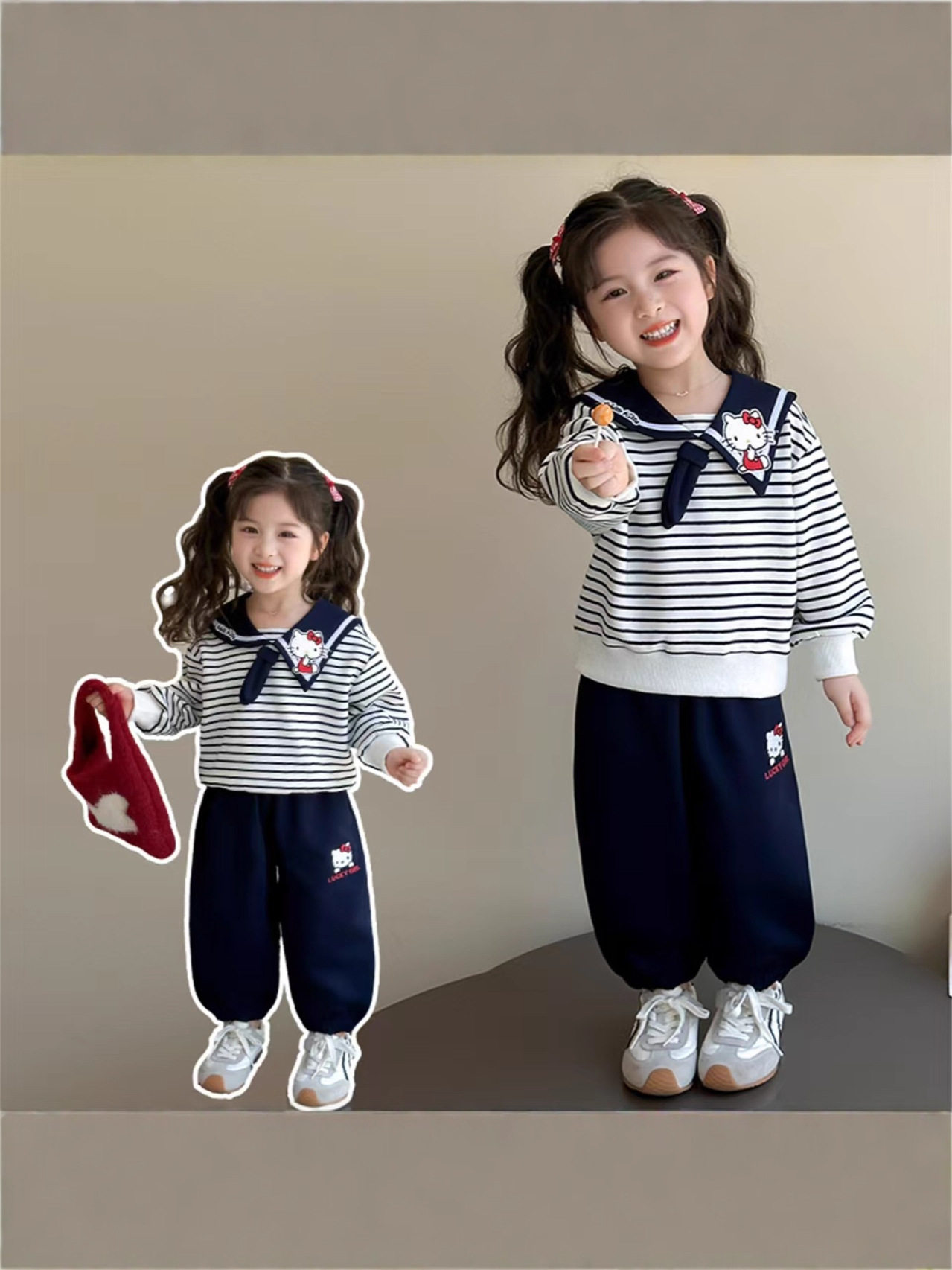 Girls' Autumn Hoodie Set, Kids' Cute Sailor Collar Casual Top, Baby Cartoon Striped Tie Hoodie