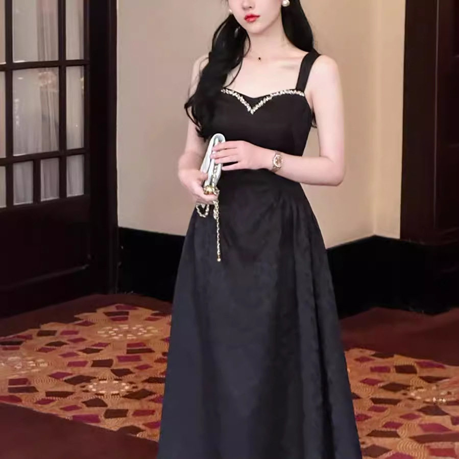 Đầm maxi nữ thắt eo cổ tròn tay ngắn ren hoa 3D — Đen, Xanh dương