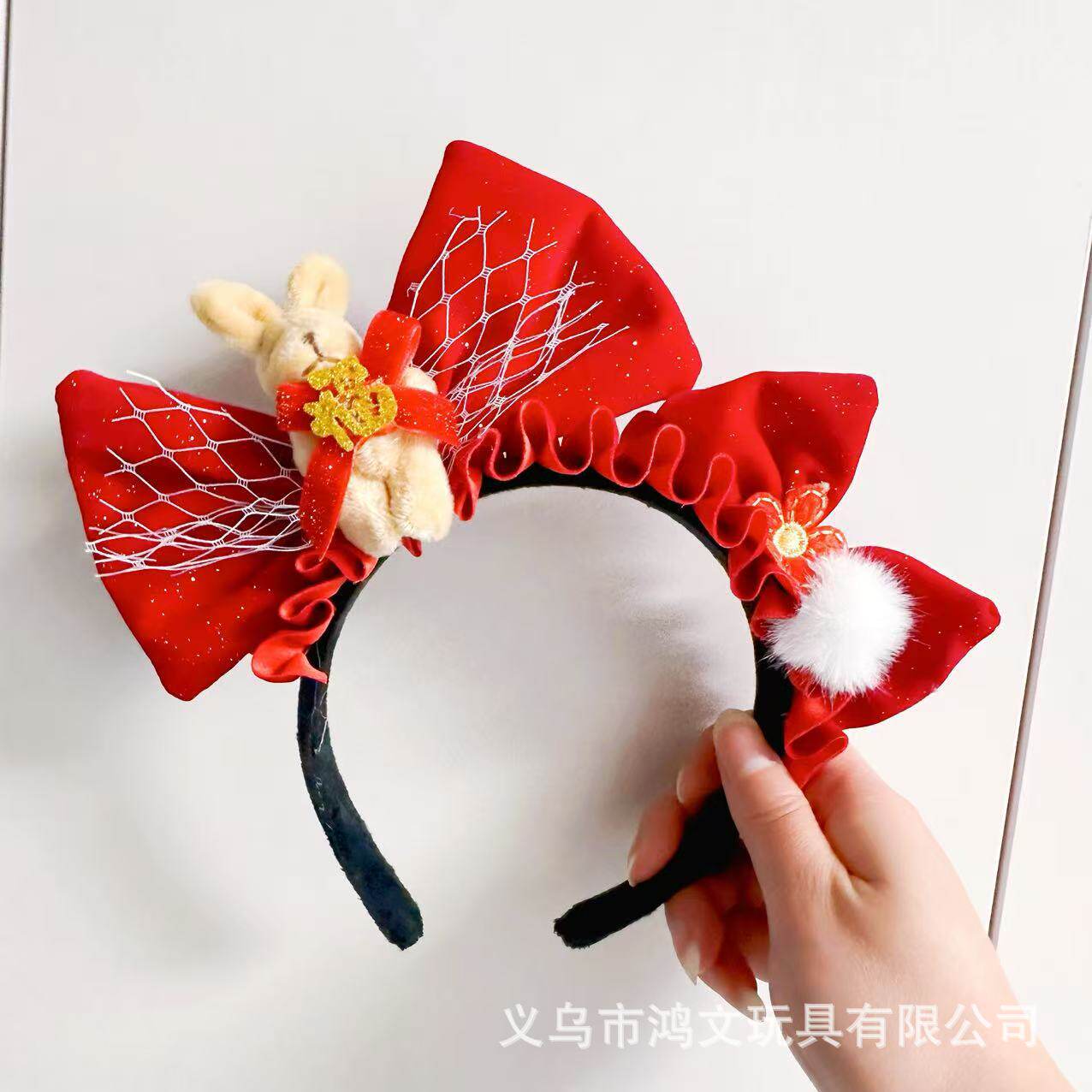 跨境热卖14灯毛毛兔耳朵发光发箍地推金丝羽毛猫耳朵发光头箍玩具