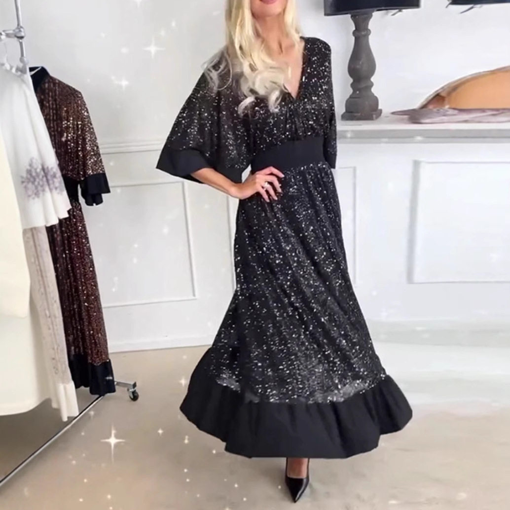 V Neck Sequin Dress Solid Color Waist Defining Elegant Style Perfect for Parties and Events Wholesale Available