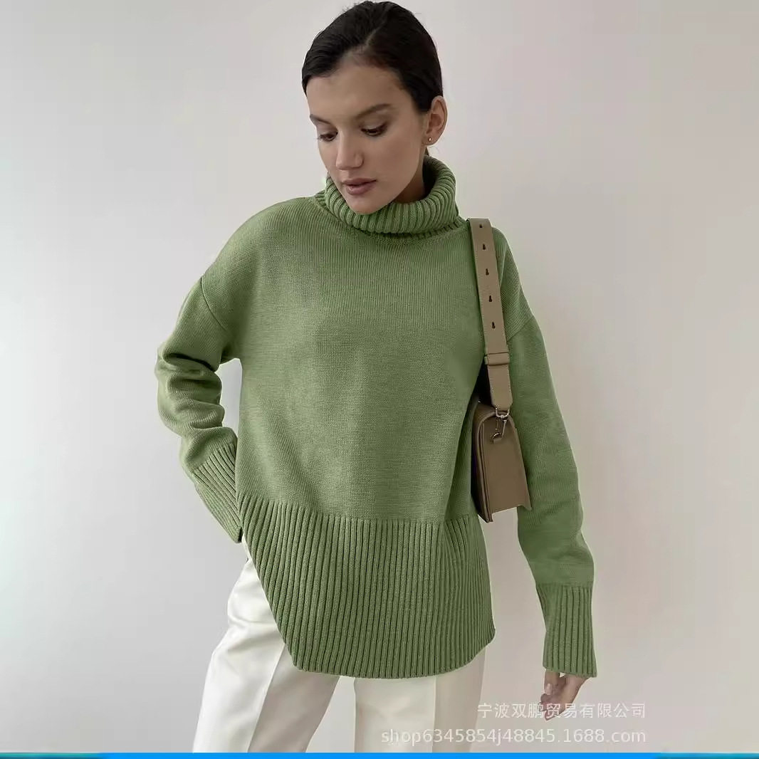 Loose Fit Turtleneck Sweater Solid Color Knitted Split Hem Autumn Winter Womens Fashion Wholesale Available