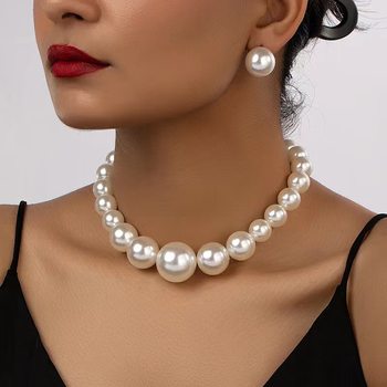 Cross-border New Imitation Pearl Necklace European and American Cold Style Retro Beaded Earrings Niche Design Sense Necklace suit