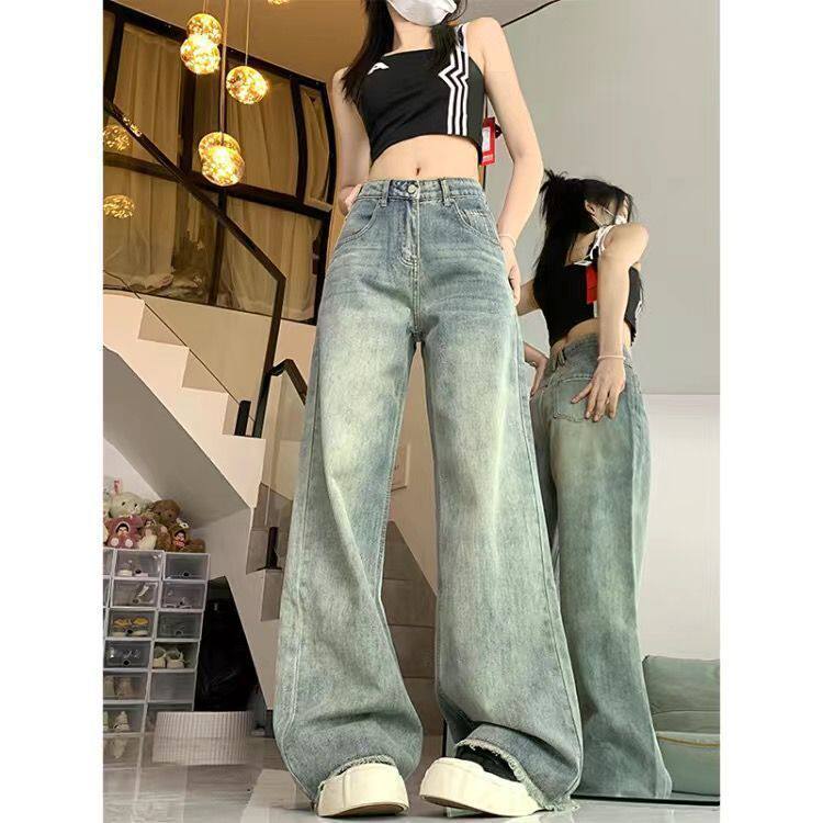 High Waist Loose Fit Vintage Wash Denim Trousers for Women Casual Wide Leg Design Available in Blue and Black Wholesale