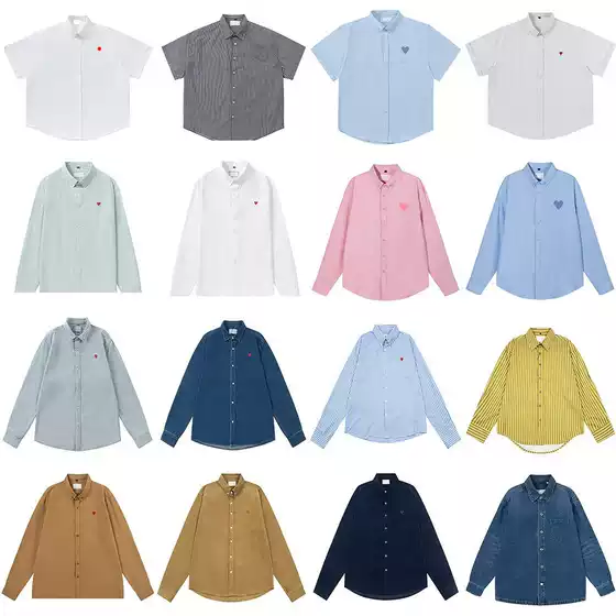 Foreign Trade Cross-Border Small Heart Embroidery Cotton Shirt for Men and Women, Casual Long-Sleeve Plaid Striped Color Top with Turn-Down Collar