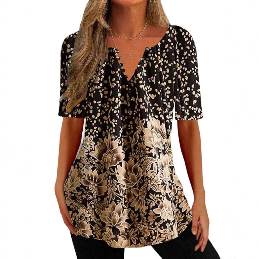 Casual Floral Print T Shirt Loose Fit Short Sleeve V Neck Plus Size Spring Summer Fashion Wholesale Available