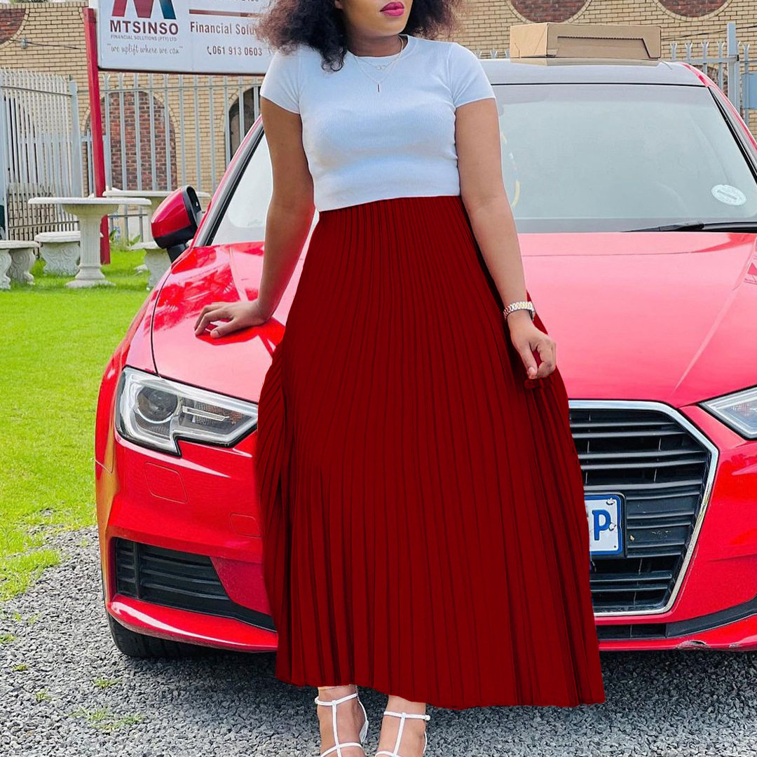 Plus Size Womens Long Pleated Skirt Solid Color High Waist Flared Design Autumn Fashion for Casual Wear Wholesale