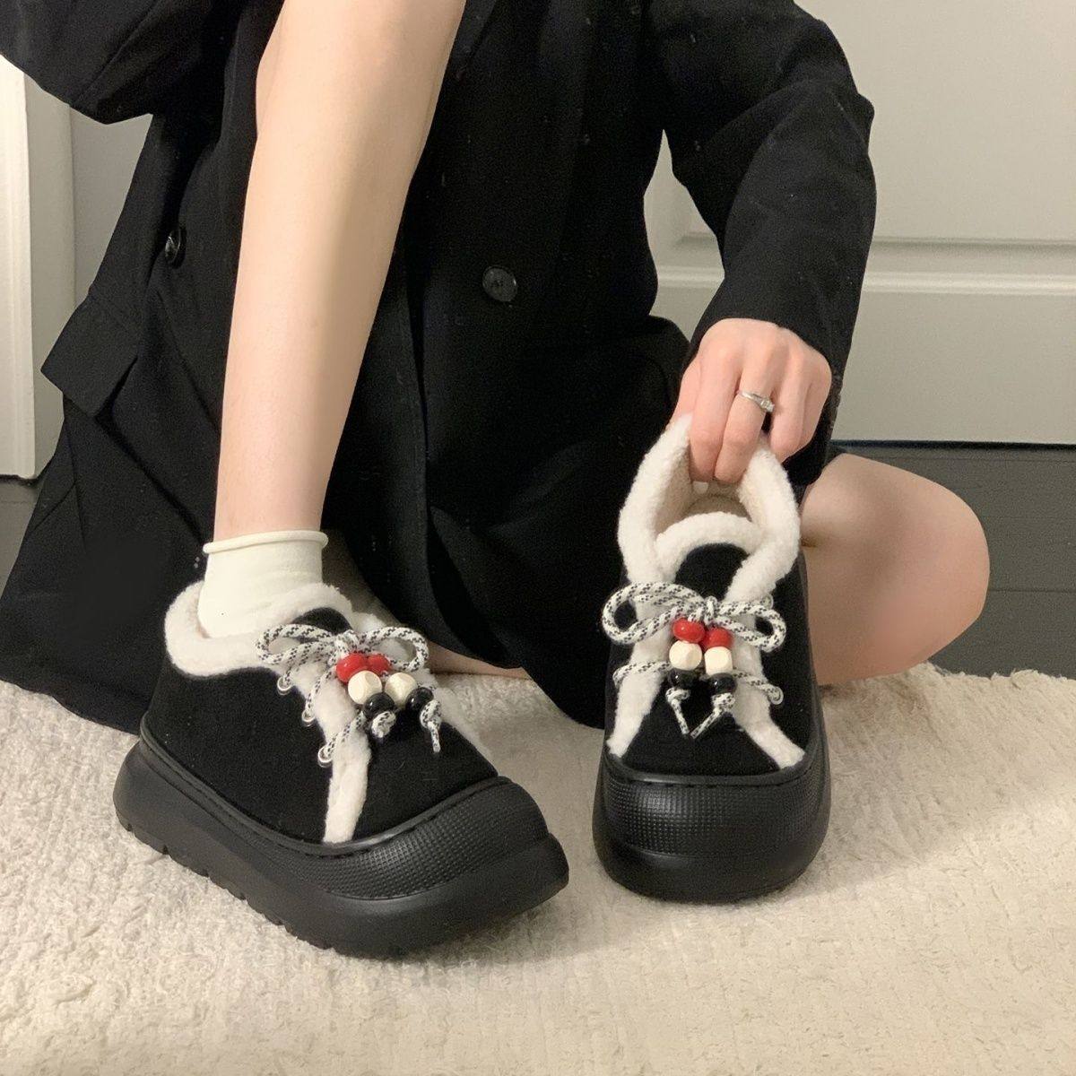 2025 New Autumn and Winter Thick-Soled Korean Style Retro Fur All-In-One Snow Boots for Women Fleece-Lined and Thickeneded Fur Birkenstocks