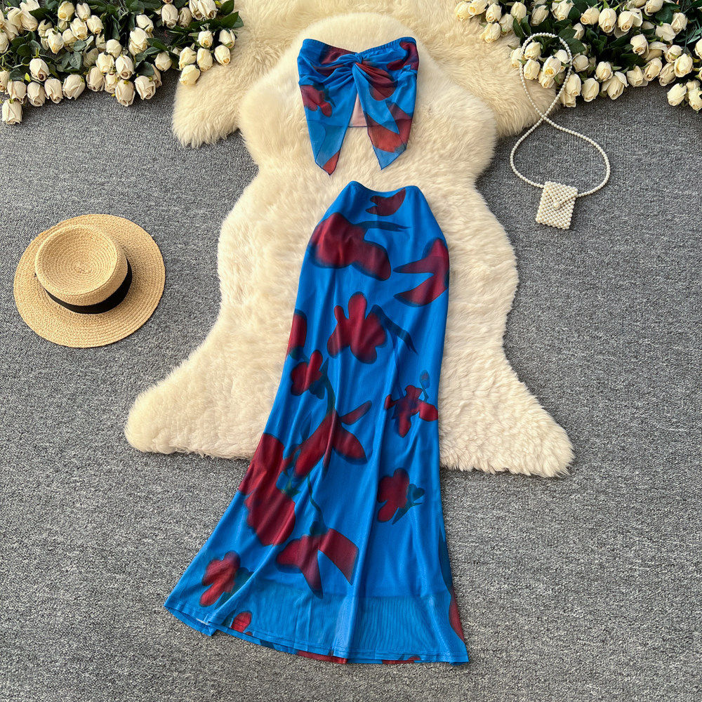 Floral Print Strapless Crop Top and High Waisted Skirt Set Summer Fashion Sexy Style for Vacation Wholesale Available