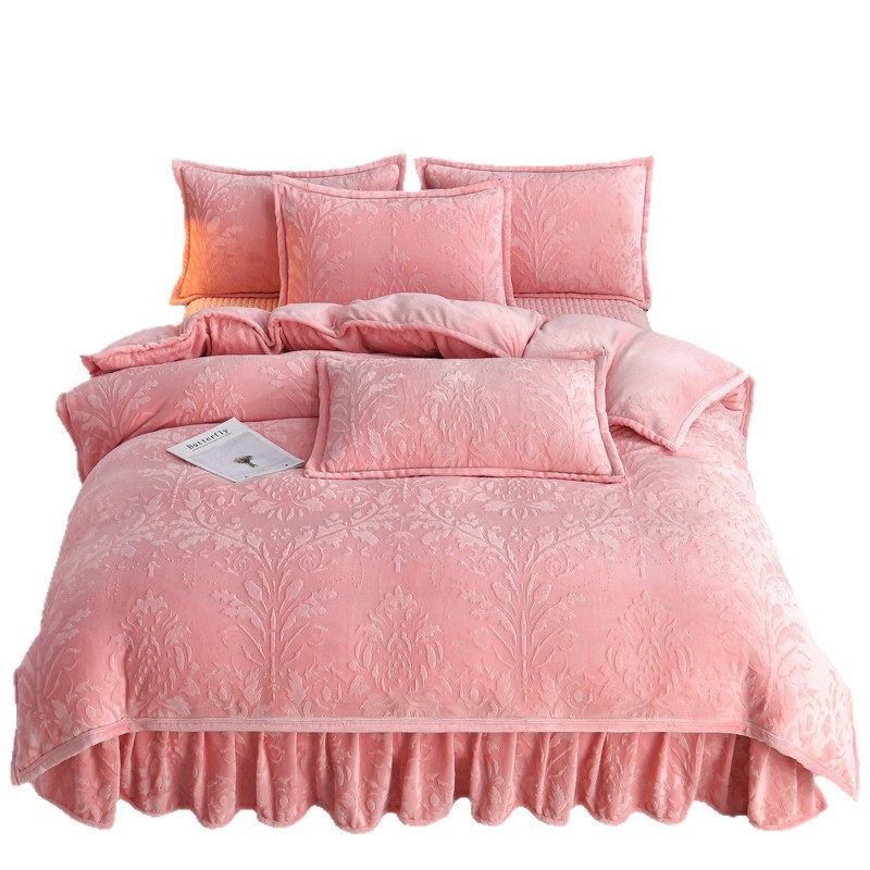 Autumn and Winter Thickeneded Milk Velvet Four-Piece Quilted and Velvet Bed Cover 4-Piece Set High Weight Double-Sided Velvet Warm Quilt Cover