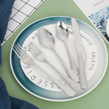 Cross-border 430 Stainless Steel Tableware Set Creative Hammered Handle 5-piece Set Knife, Fork and Spoon Western Food Set for Home Gift Giving