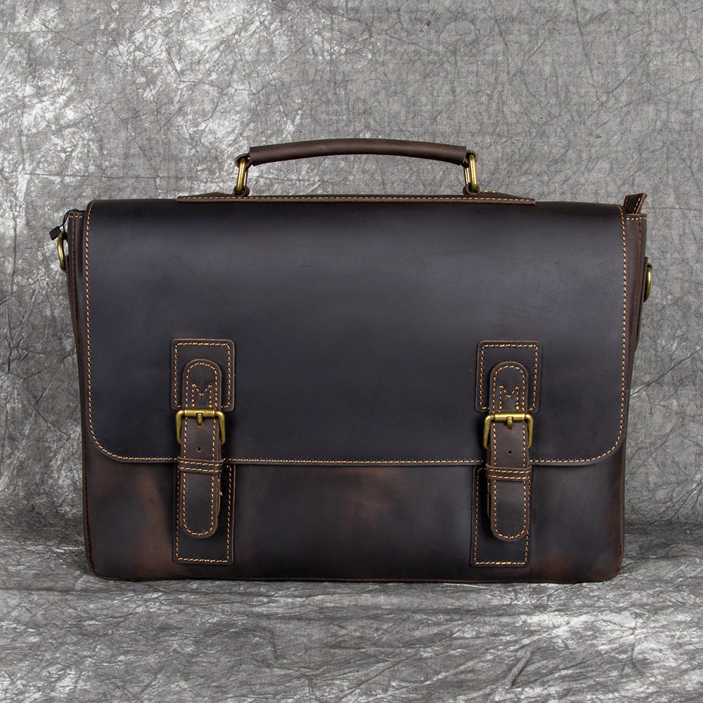 Cặp Công Sở Nam Da Bò Mad Horse Vintage Đeo Chéo Đựng Tài Liệu Màu Nâu Đậm