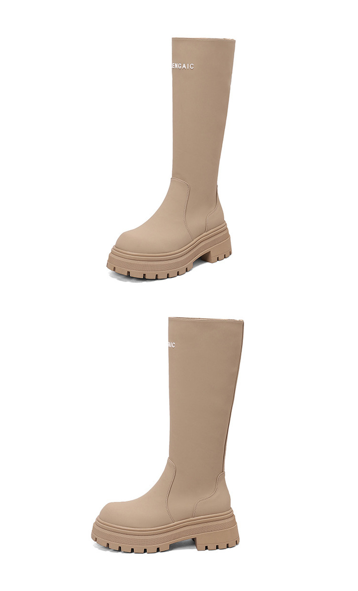 Boot nữ cổ cao ôm bắp chân da bò gót thô 6cm — Kaki nhạt lót nhung, Kaki nhạt lót nhung ống lớn, Kaki nhạt một lớp lót trong, Màu đen lót một lớp