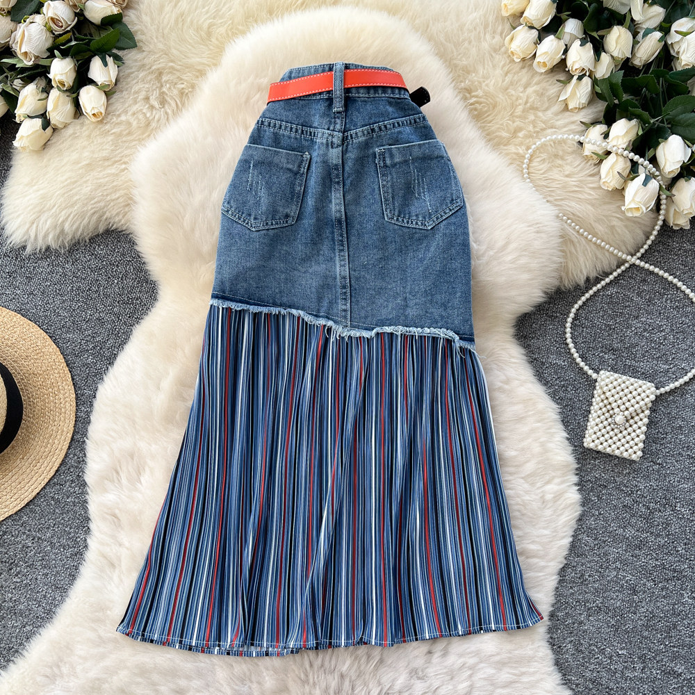 Korean Style Color Block Striped Denim Midi Skirt High Waist A Line Slim Fit Versatile for Work and Casual Wear