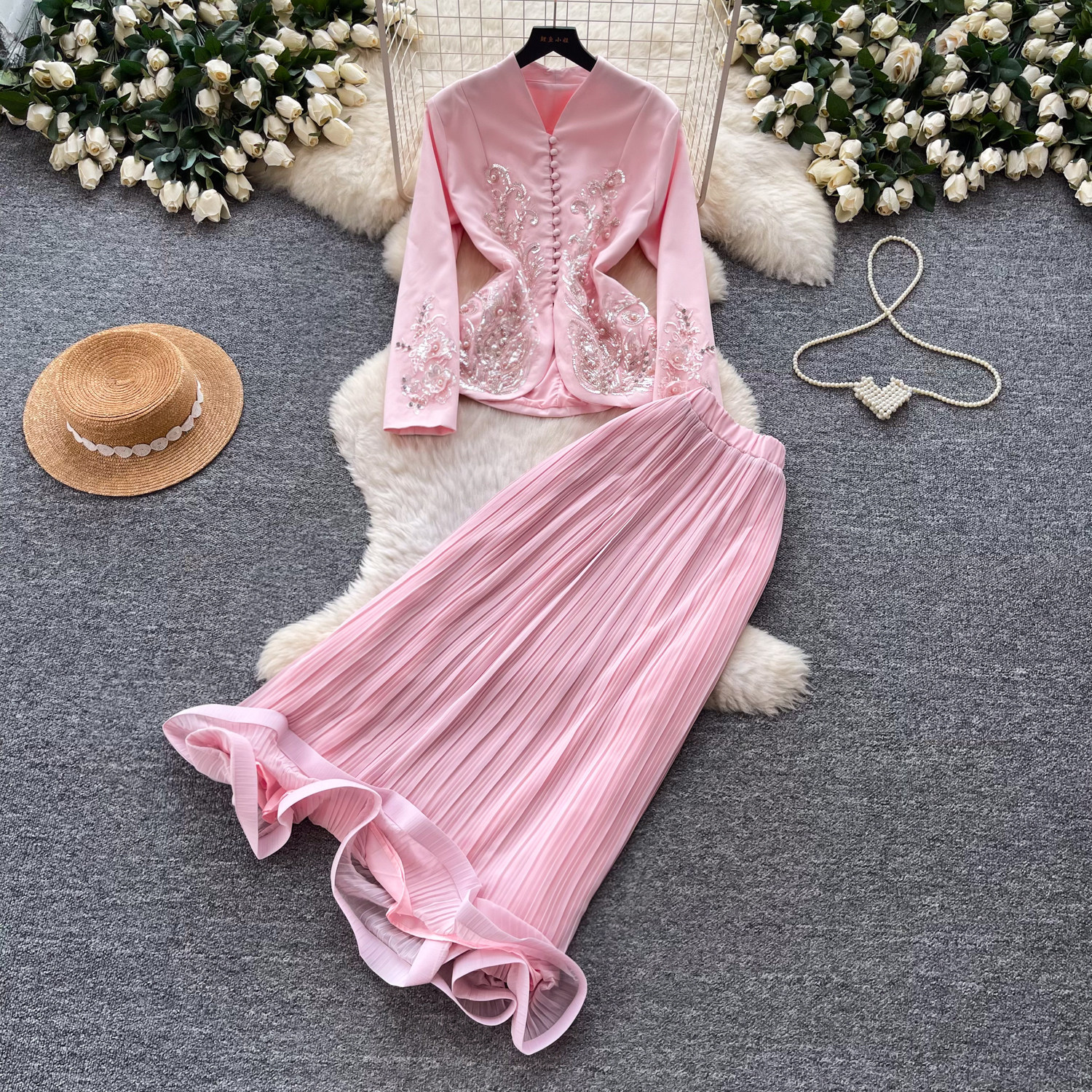 French Style V Neck Embroidered Jacket with High Waisted Pleated Skirt Elegant Lightweight Two Piece Set for Spring and
