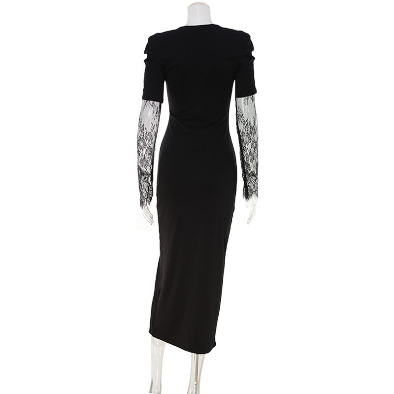 Elegant V Neck Lace Panel Bodycon Dress Chic Split Design Luxurious Feel Perfect for Autumn and Winter Events