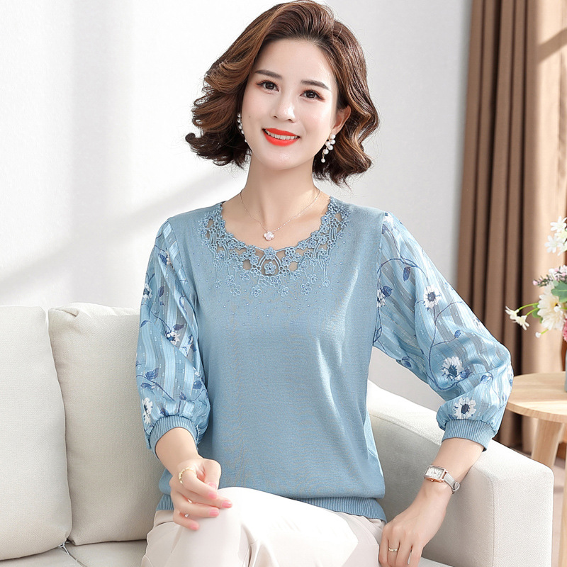 Mom Spring Dress Knitting Small Shirts 2022New In Elderly Dress Seven Sleeve T-shirt Shirts Thin Model Western style Jacket  妈妈春秋装针织小衫2022新款中老年女装七分袖T恤衫薄款洋气上衣 Mom Spring Dress Knitting Small Shirts 2022New In Elderly Dress Seven Sleeve T-shirt Shirts Thin Model Western style Jacket 