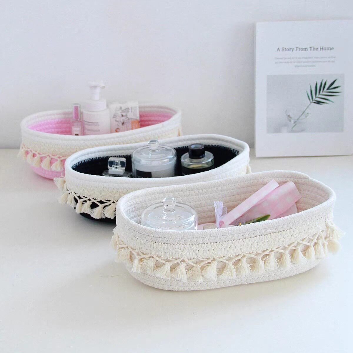 Woven Basket Off-White Rectangular Round Tassel Cotton Rope Storage Basket Sundry Storage Basket Living Room Storage Basket
