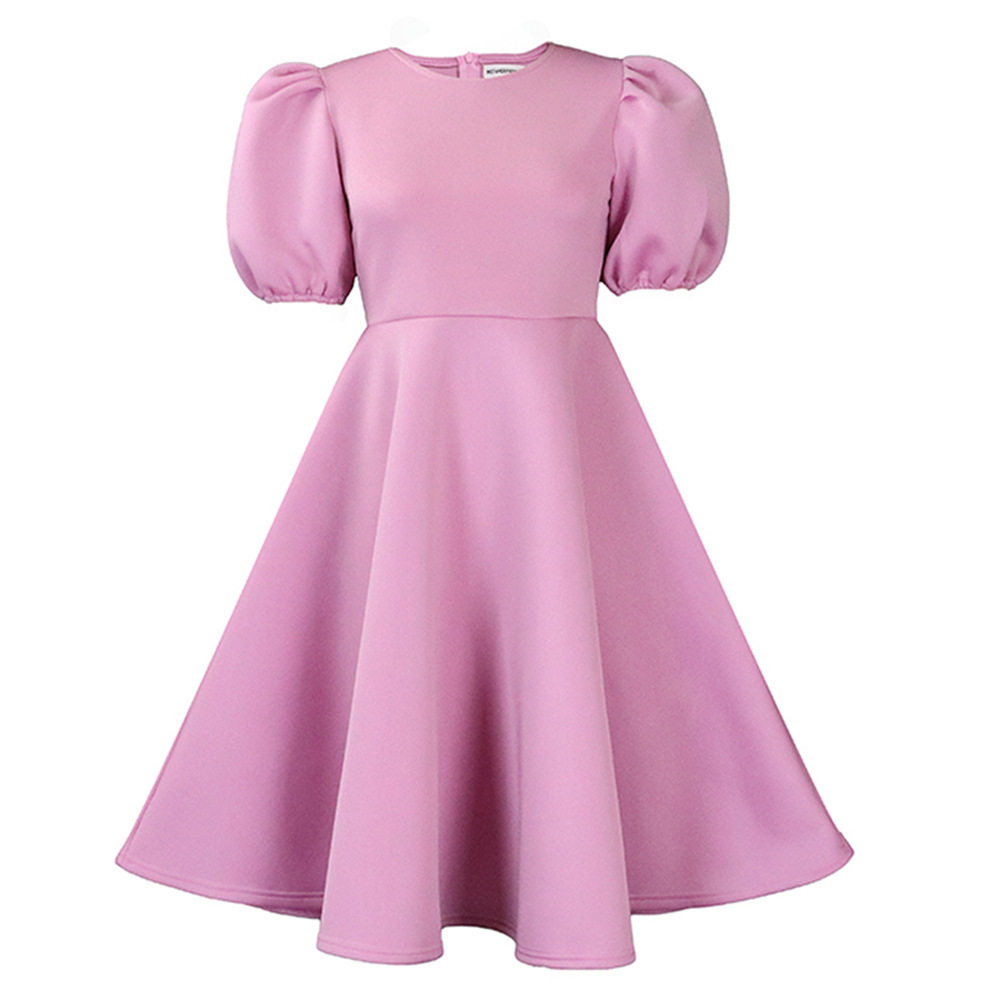A Line Dress Round Neck Puff Sleeves Waist Defined Flowy Hem Elegant Evening Wear Wholesale Available