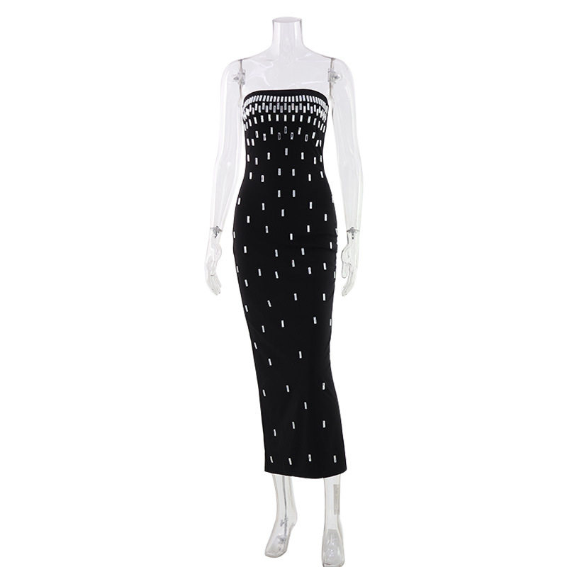 Elegant Strapless Evening Dress Slim Fit Solid Color Rhinestone Embellished Perfect for Cocktail Parties and Formal