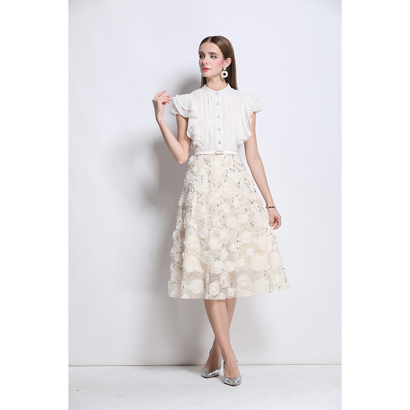 Elegant Midi Dress for Women French Style Floral Embellishments Waist Cinching Short Sleeves Perfect for Summer