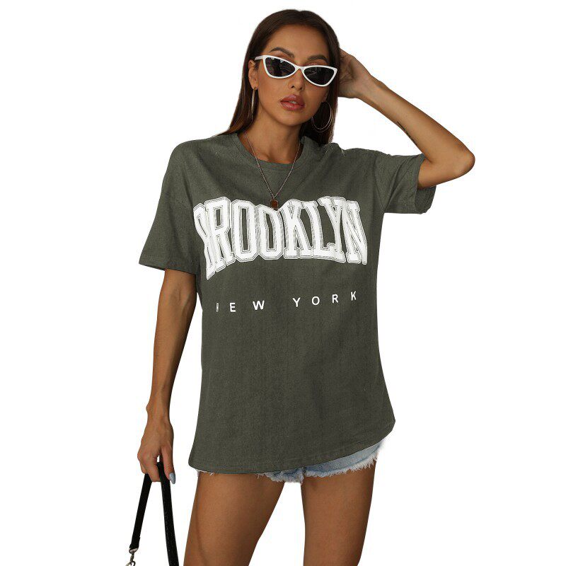 Loose Fit Printed Black T Shirt for Women Summer Style Round Neck Casual Wear Wholesale Available