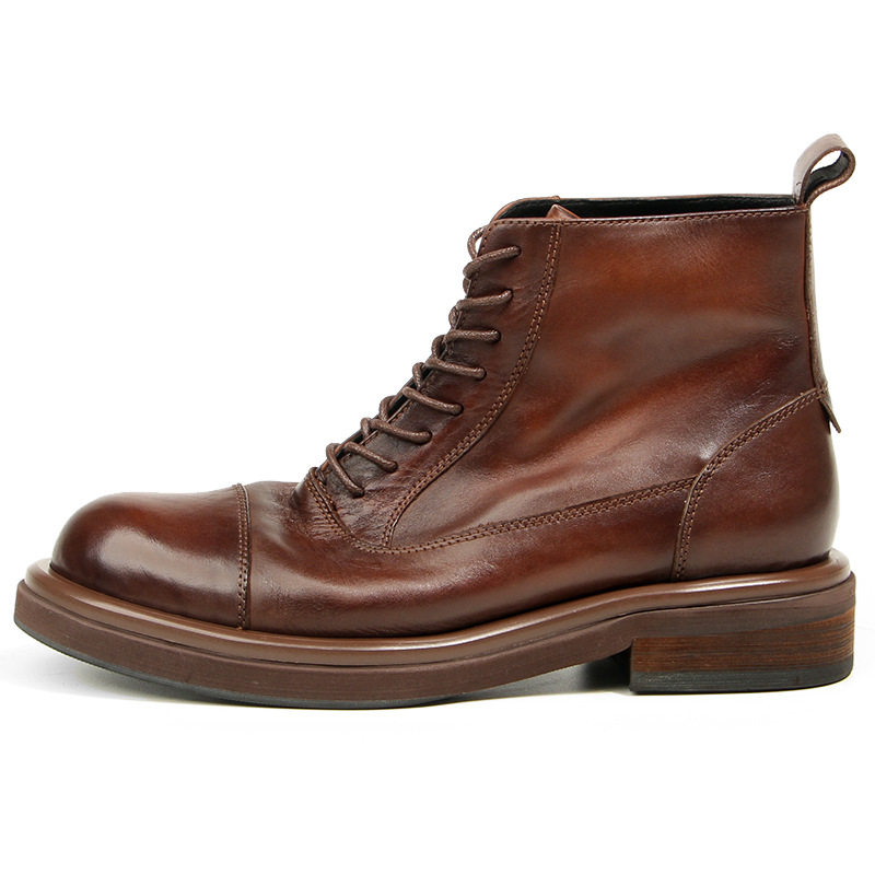 Boot Nam Cao Cổ Da Thật Phong Cách Retro Chiều Cao Đế Khoảng 3cm Màu Nâu