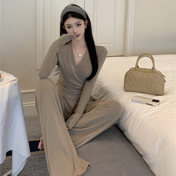 Casual Suit with Irregular Slim Fit, Cross V-Neck, Long Sleeves, Derong Women's Autumn Outfit, Micro-Flared Wide-Leg Pants Two-Piece Set