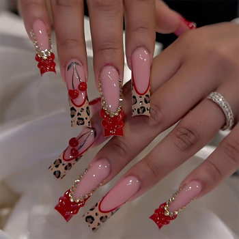 New Foreign Trade Long Tube Wearable Nail Art with Red Leopard Print, French Edge, Cherry Rhinestone, 3D Wearable Nail Stickers