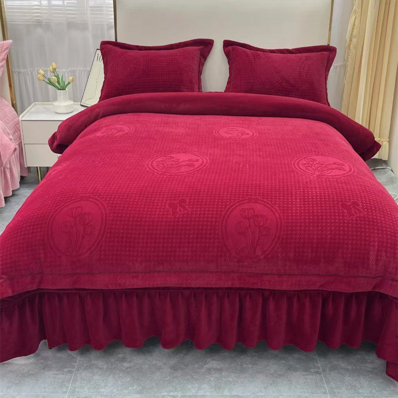 Class A High-end Winter Thickened Milk Velvet Bed Cover Four-piece Set Quilt Cover Warm Double-sided Velvet 4-piece Set Extra-thick Benmingnian