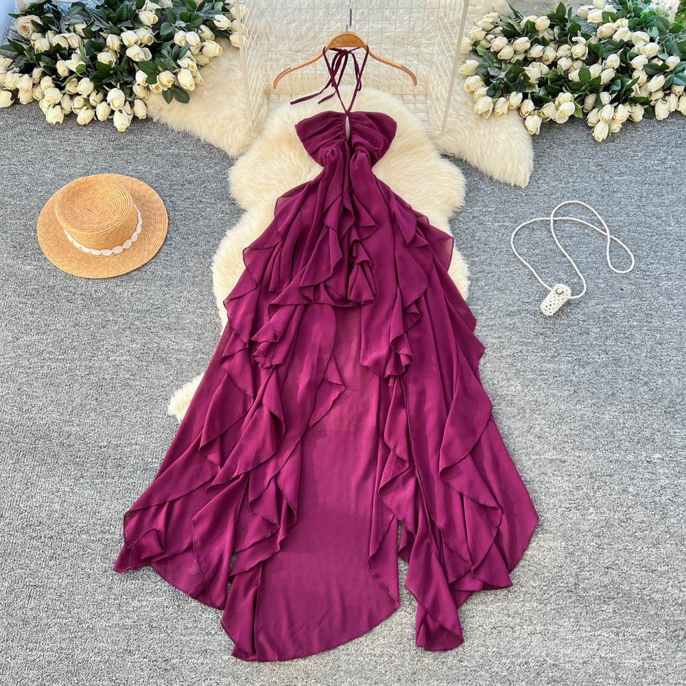 Summer Vacation Halter Ruffle Dress for Women High Waist A Line Irregular Hem Casual Office Wear Wholesale Available