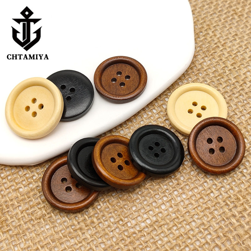 Wooden Buttons, Round Thin-Edged Four-Eye Clothing Accessories, Buttons, Decorative Accessories, Coats, Windbreakers, Jackets, Wooden Buttons