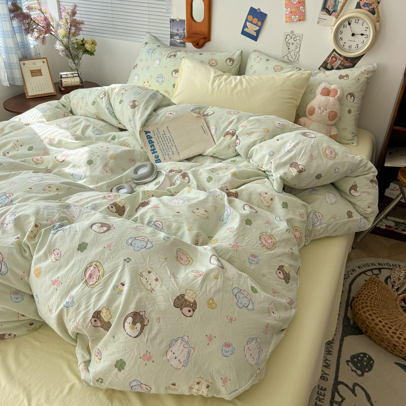 Class a Maternal and Infant-Grade Four-Piece Bedding Set, Ins-Style Pure Washed Cotton Bed Sheet, Duvet Cover, Fitted Sheet, Student Dormitory Three-Piece Set