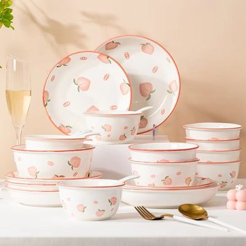 Household Internet celebrity peach ceramic bowl plate eating bowl rice bowl dish soup plate underglaze color Bowl Noodle Bowl soup bowl