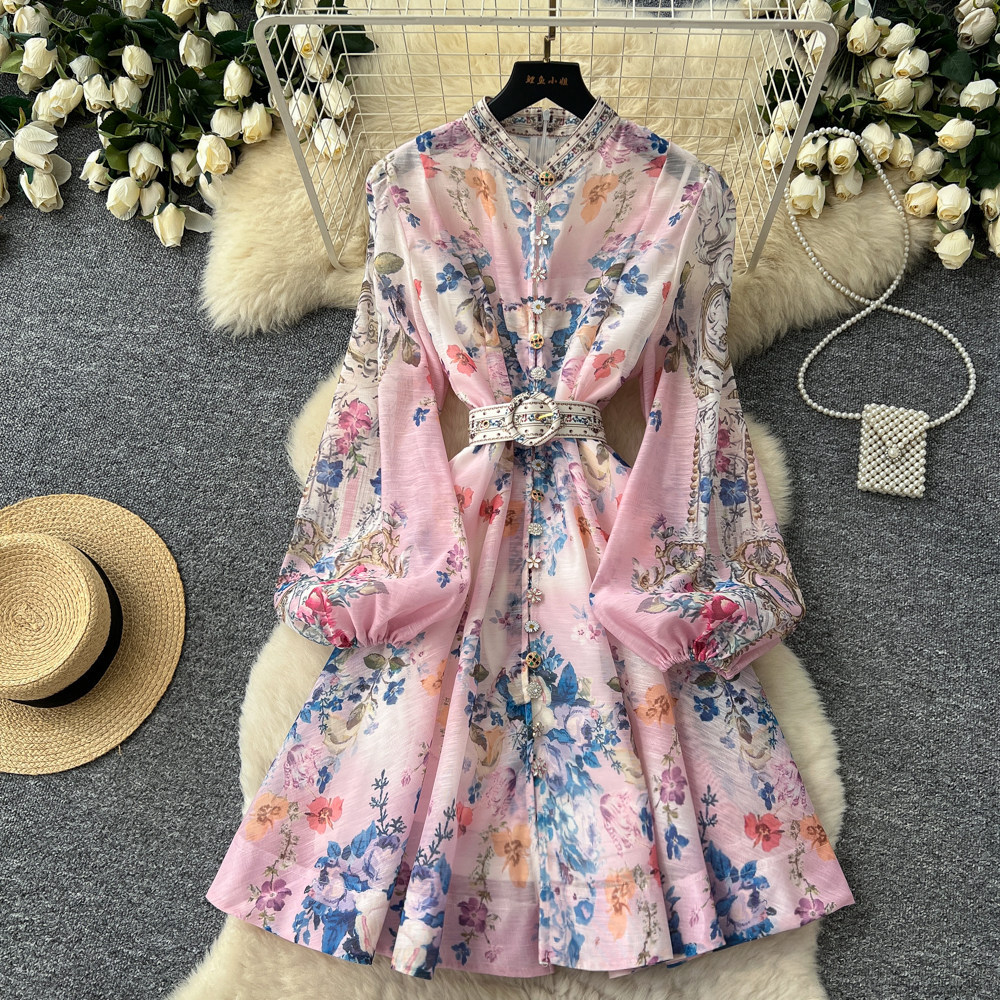 Floral A Line Dress Long Sleeve Waist Tie Slim Fit Elegant Spring Office Wear Wholesale Available