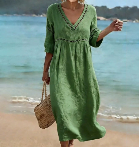 Summer Casual V Neck Dress Loose Fit Solid Color Vacation Style Wholesale Available low MOQ customizable
